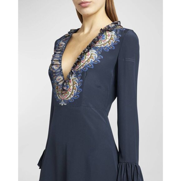 Etro Plunging Engineer Border-Print Ruffle Cady Midi Dress IT42/US6 - Picture 4 of 14